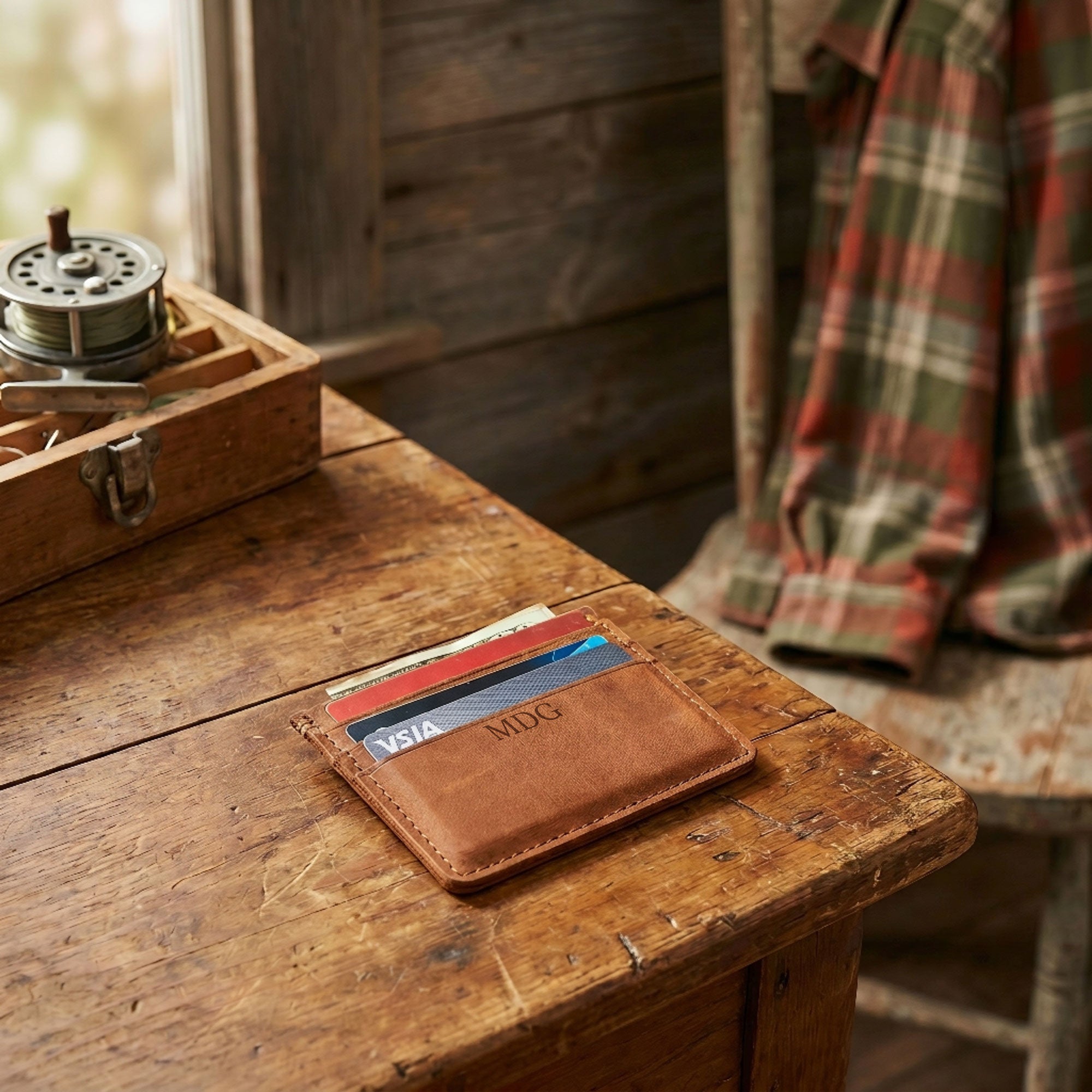 Monogrammed Brown Leather Card Wallet