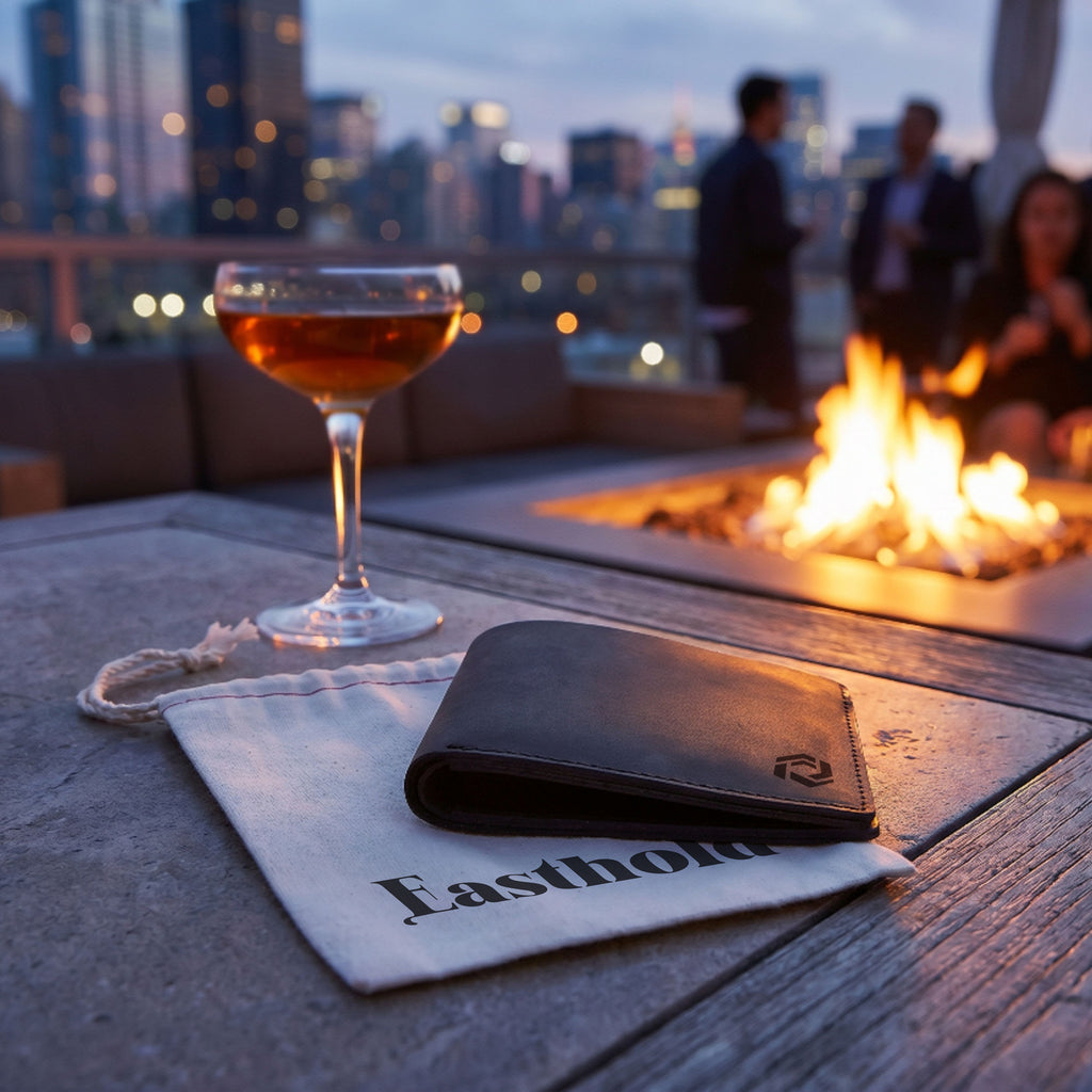 Glass of sparkling wine and black wallet, cityscape in the background