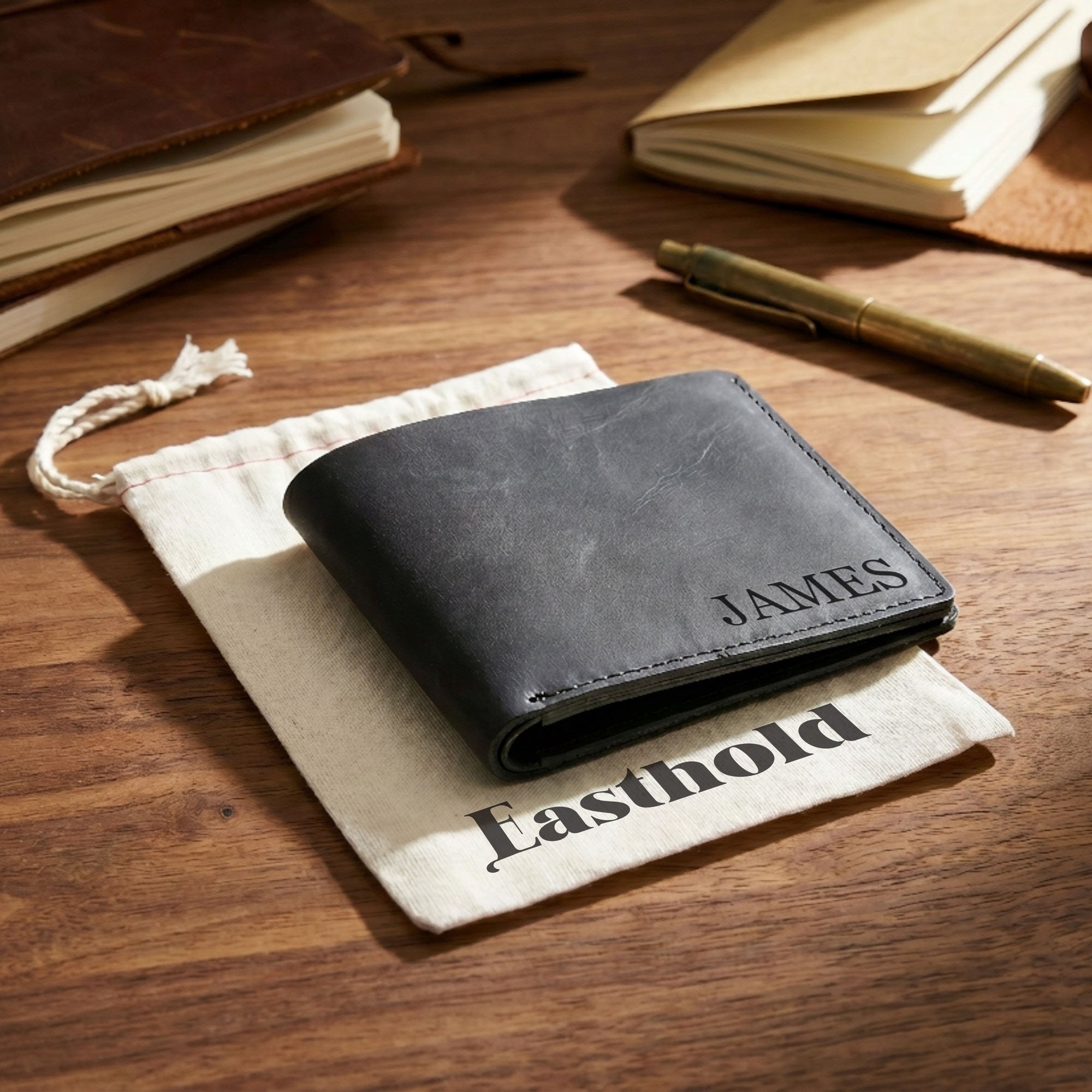 Monogrammed Bifold Black Leather Wallet