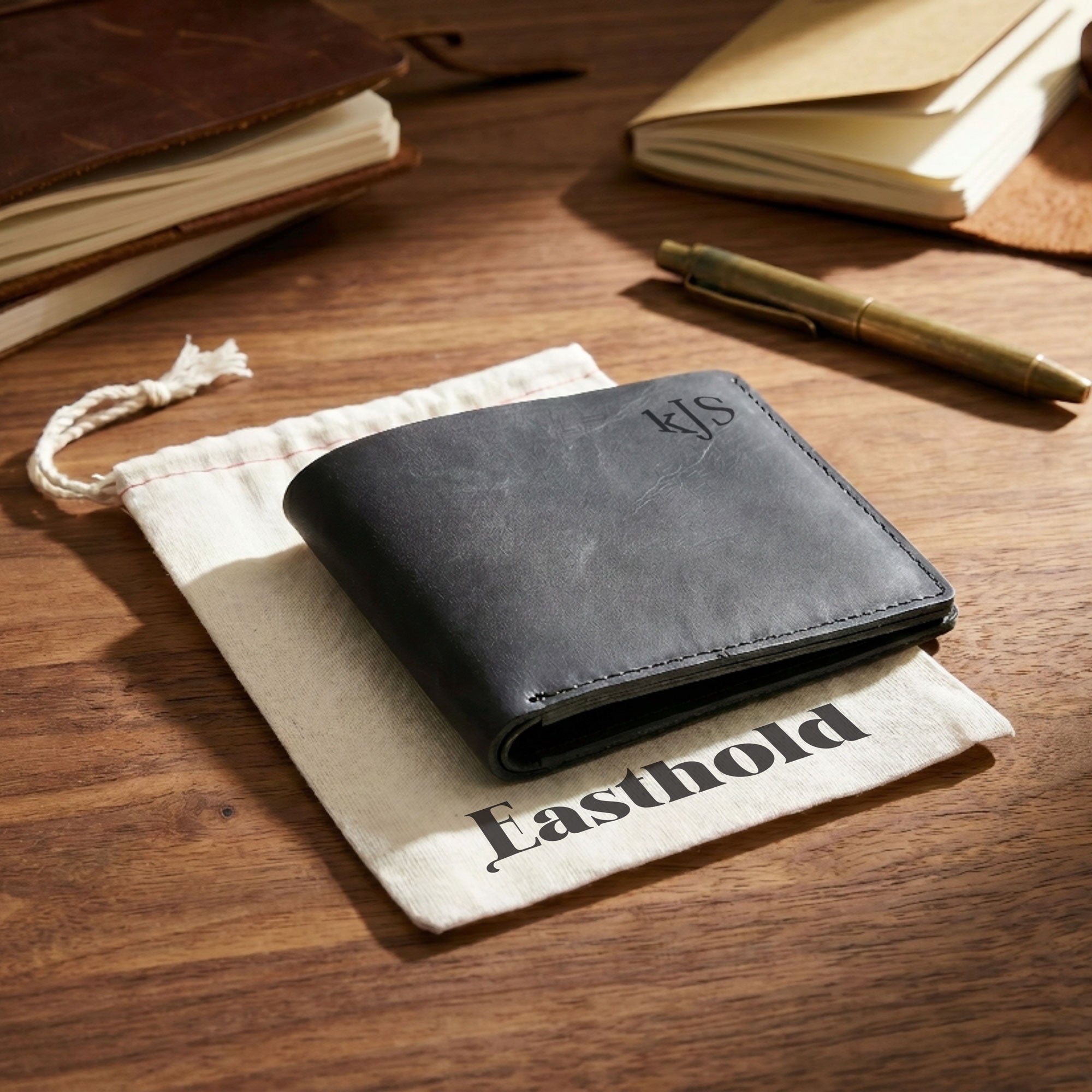 Monogrammed Bifold Black Leather Wallet