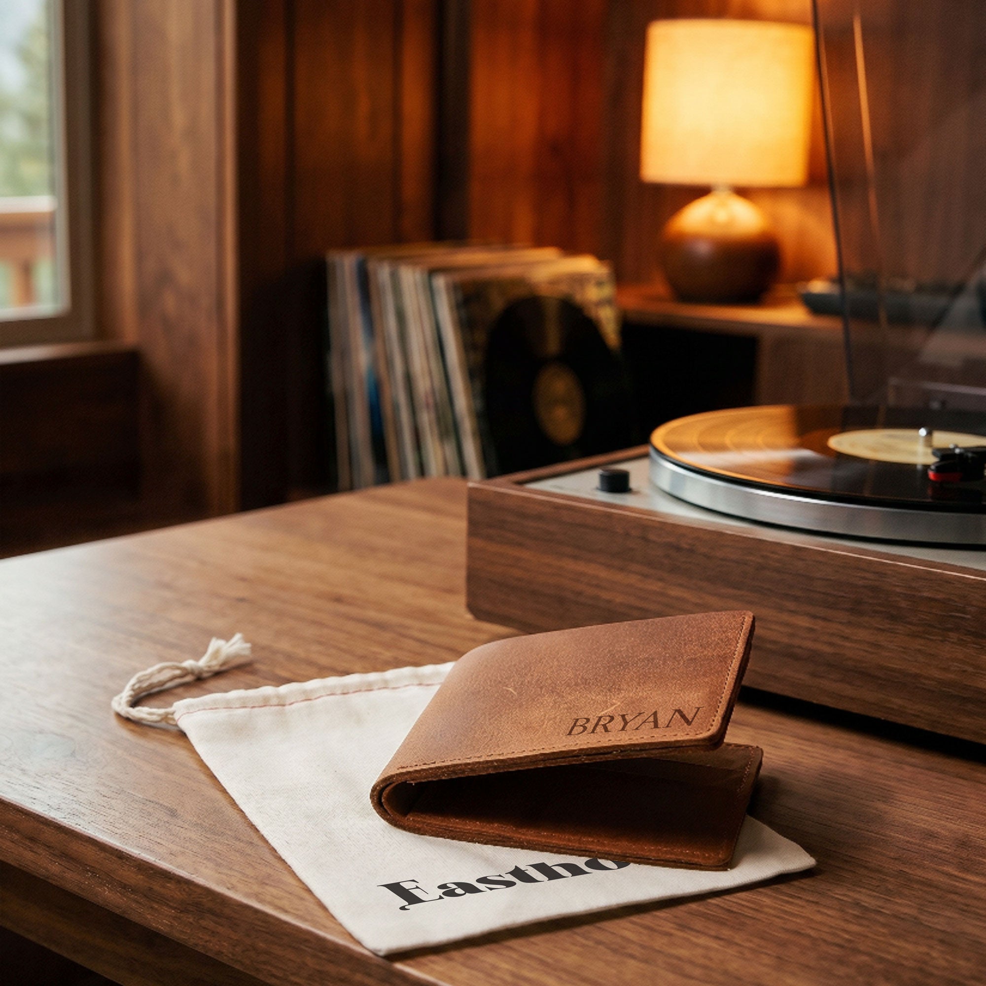 Monogrammed Bifold Brown Leather Wallet