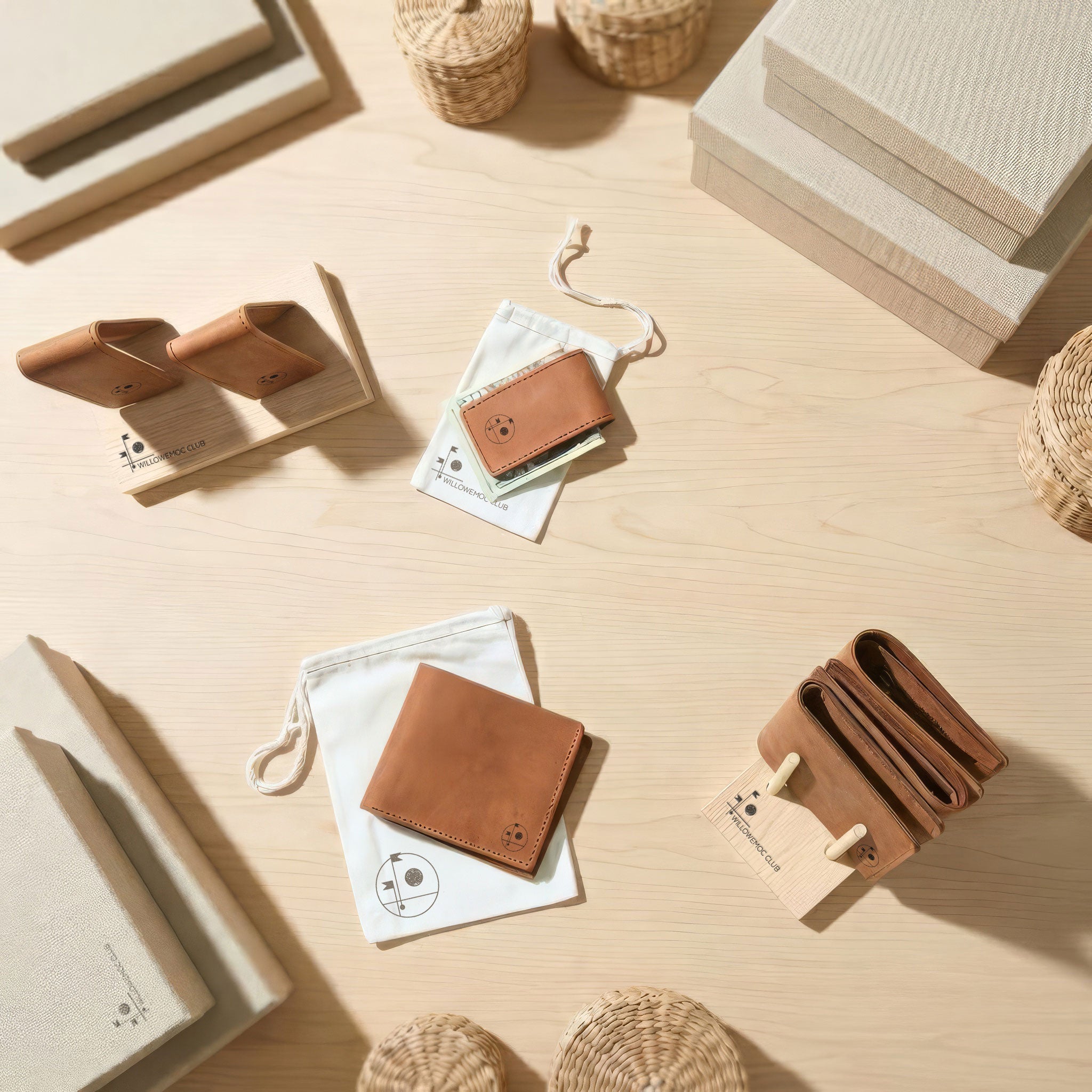 Brown leather wallets on a wooden surface with wicker baskets and books in the background