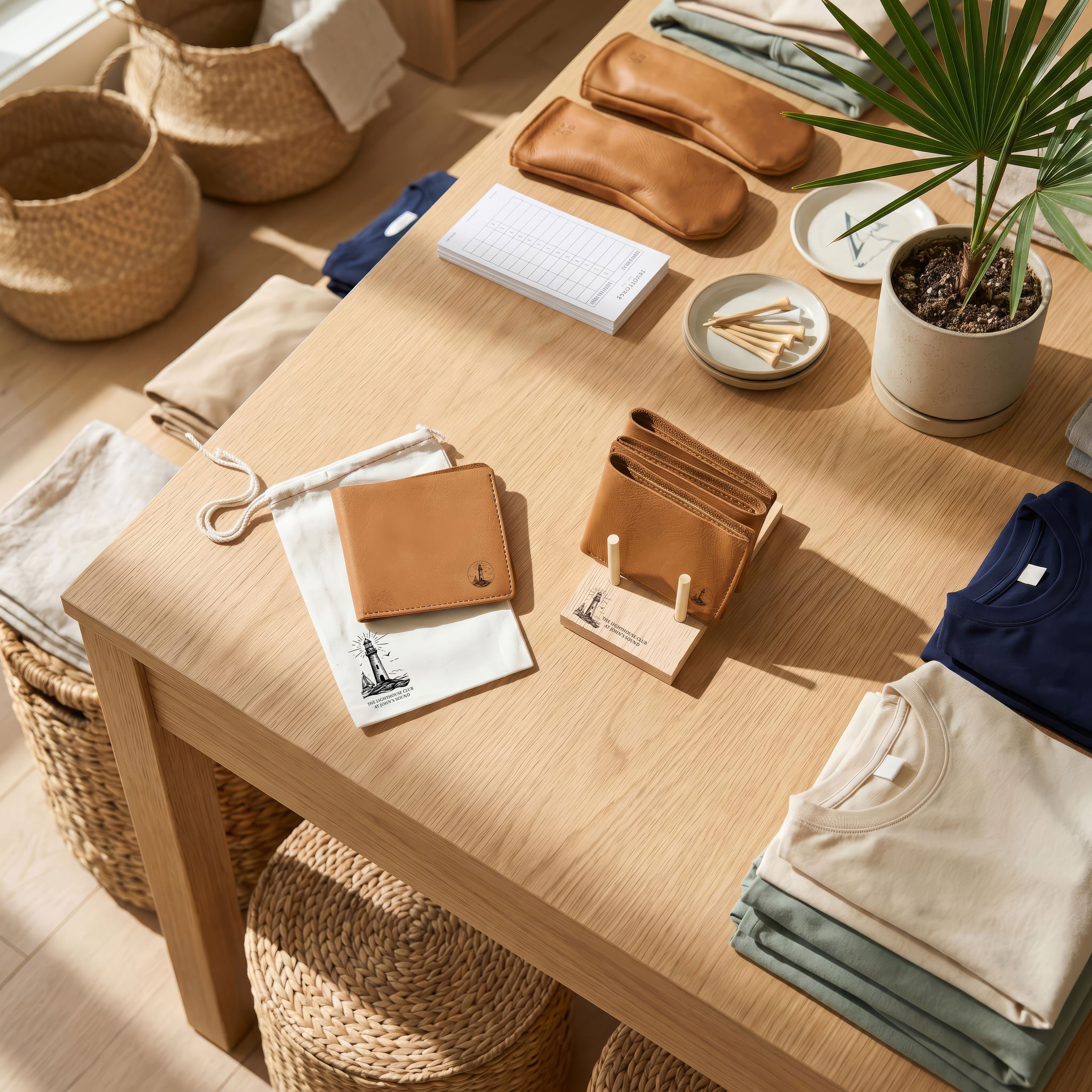 Wooden table with leather wallets, clothing, and a plant in a retail pro shop setting