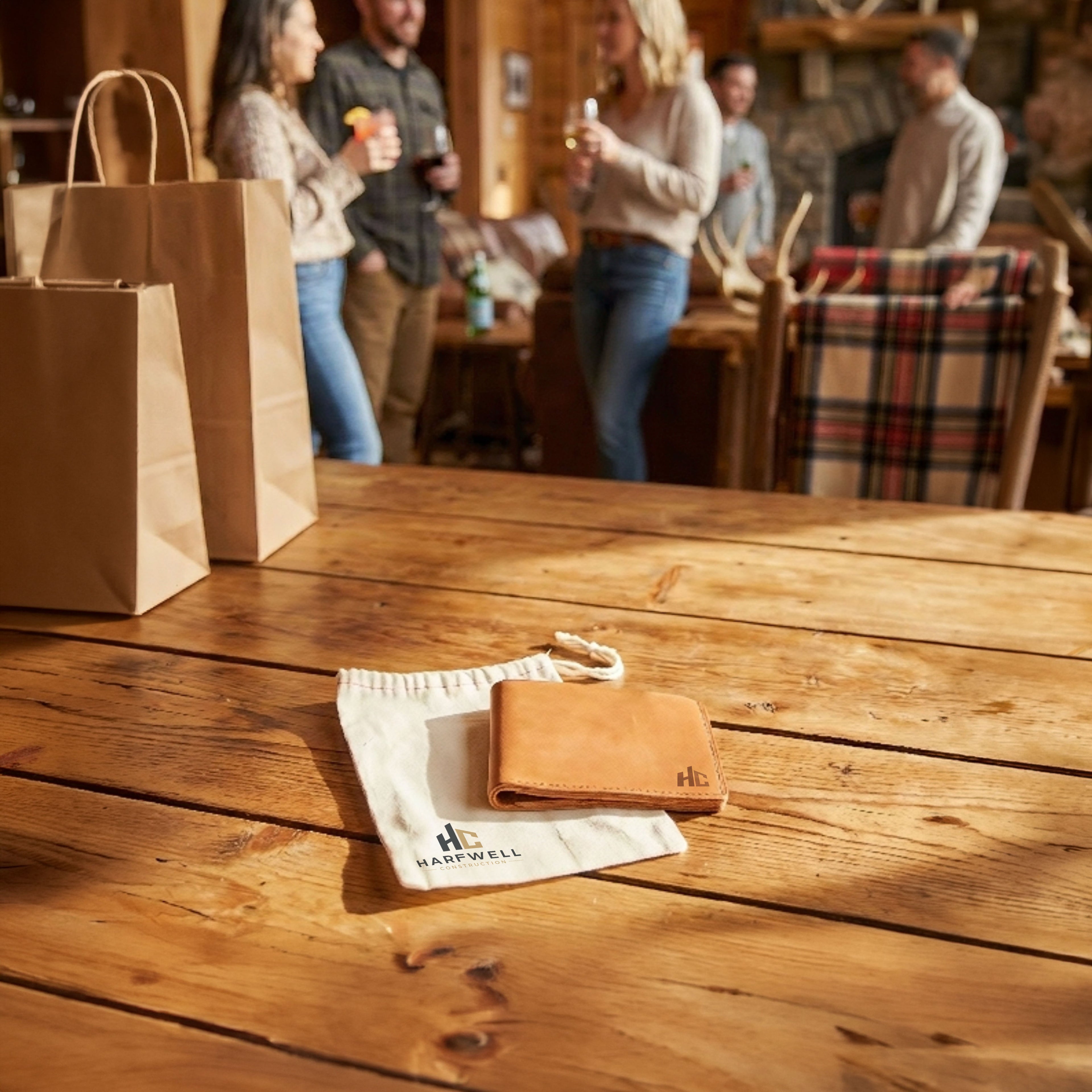Brown leather wallet on a wooden table with people in the background