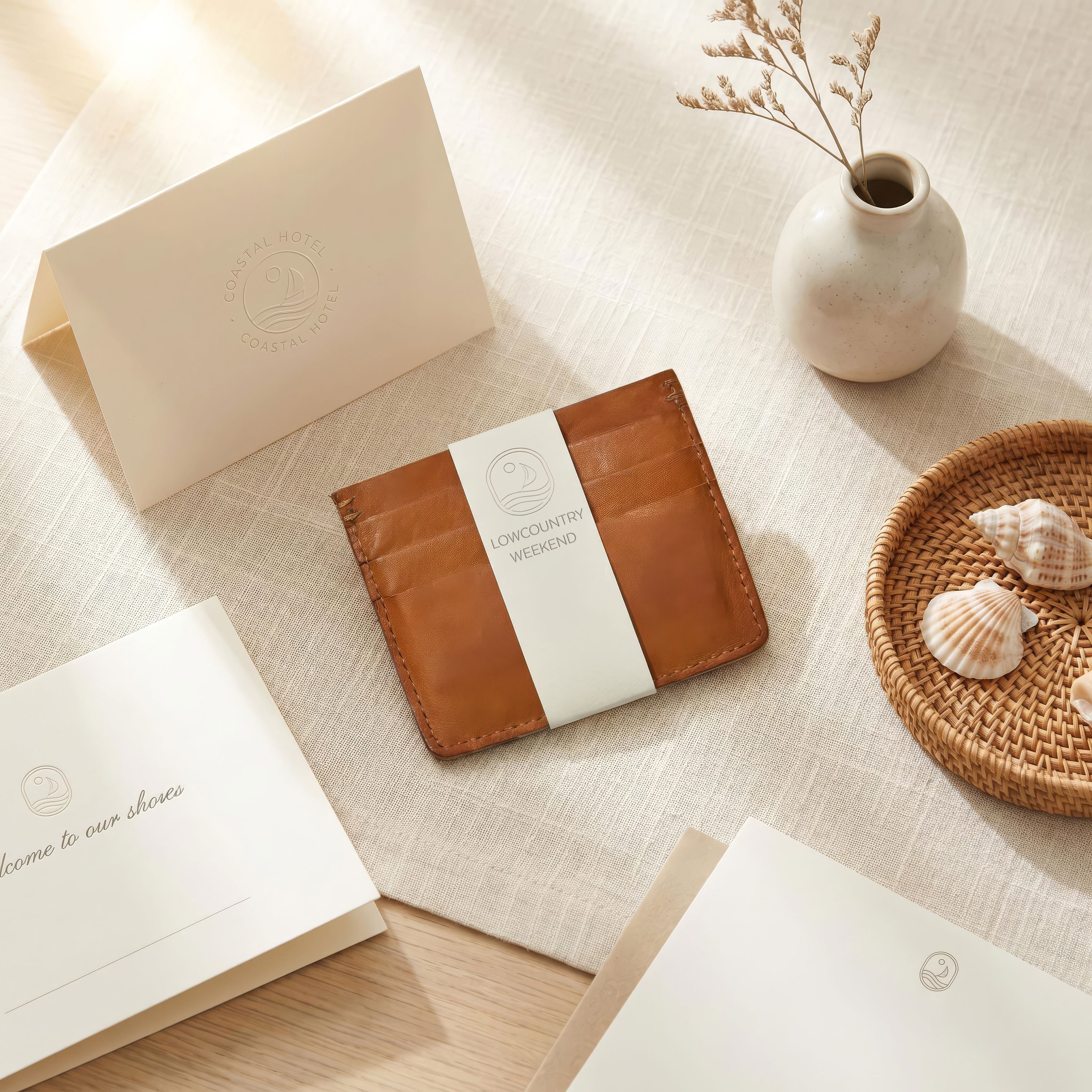 Brown leather wallet with a white label on a textured surface with a vase and shells.