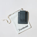Black leather card clip wallet with custom logo engraving