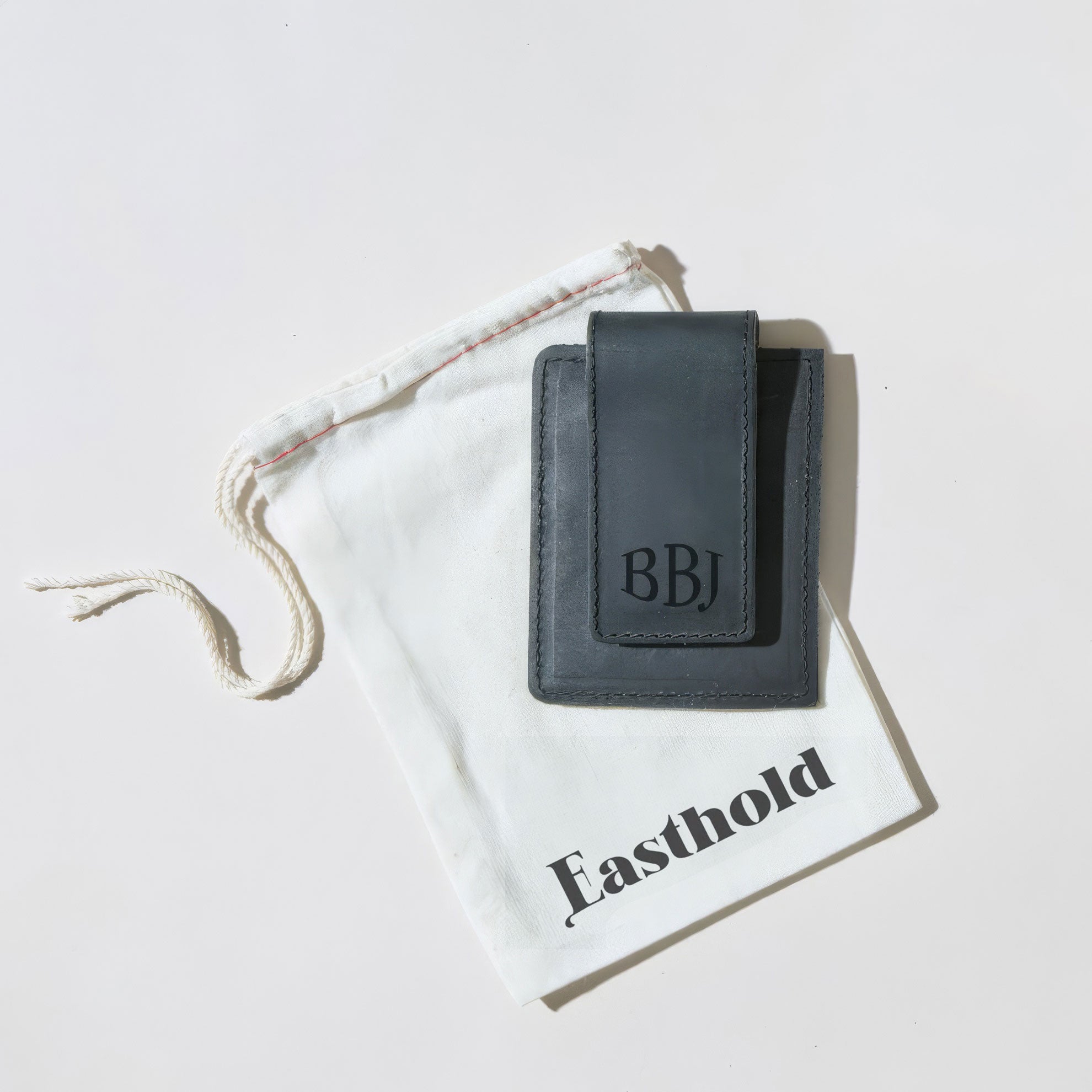 Monogrammed Card Clip Black Leather Wallet