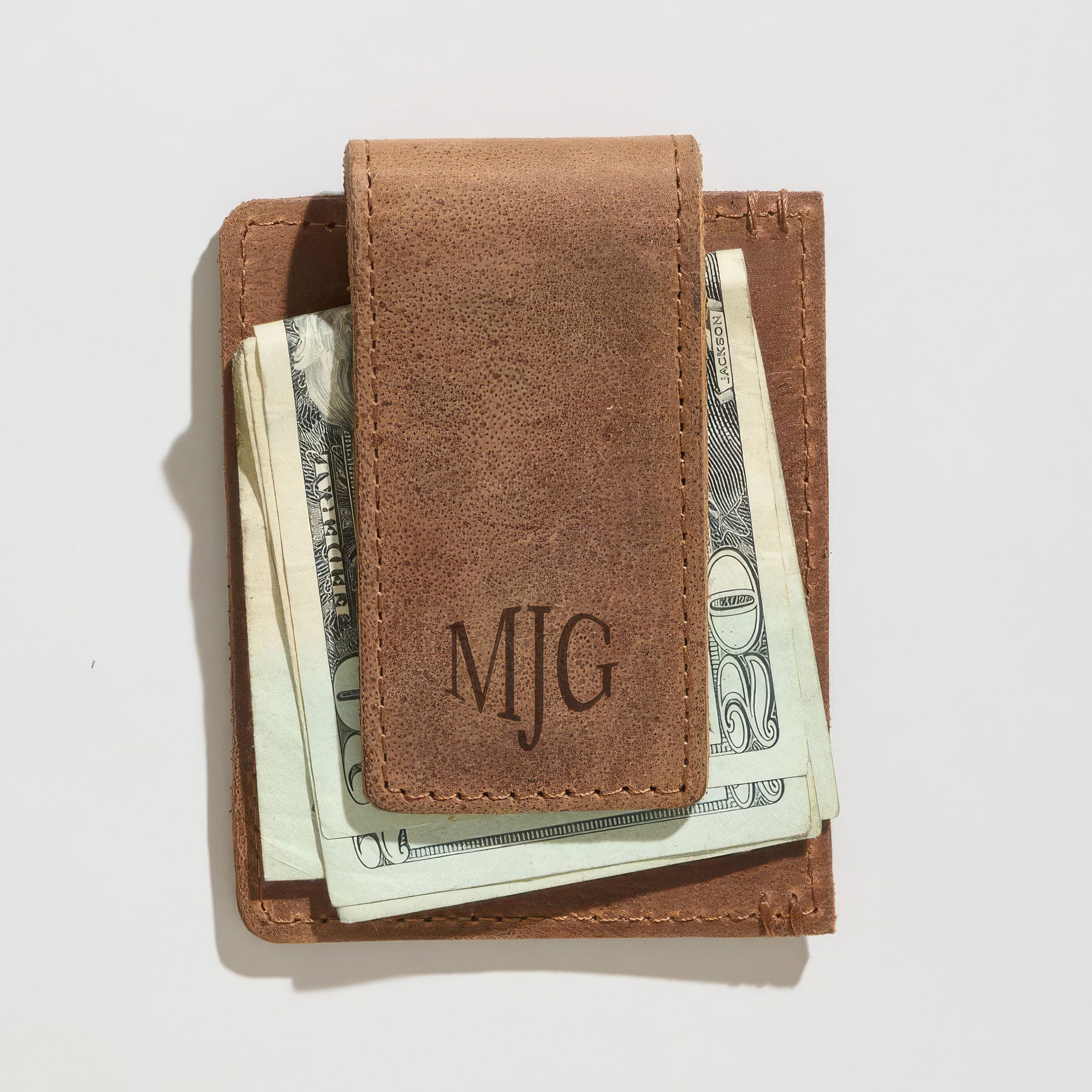 Monogrammed Card Clip Brown Leather Wallet