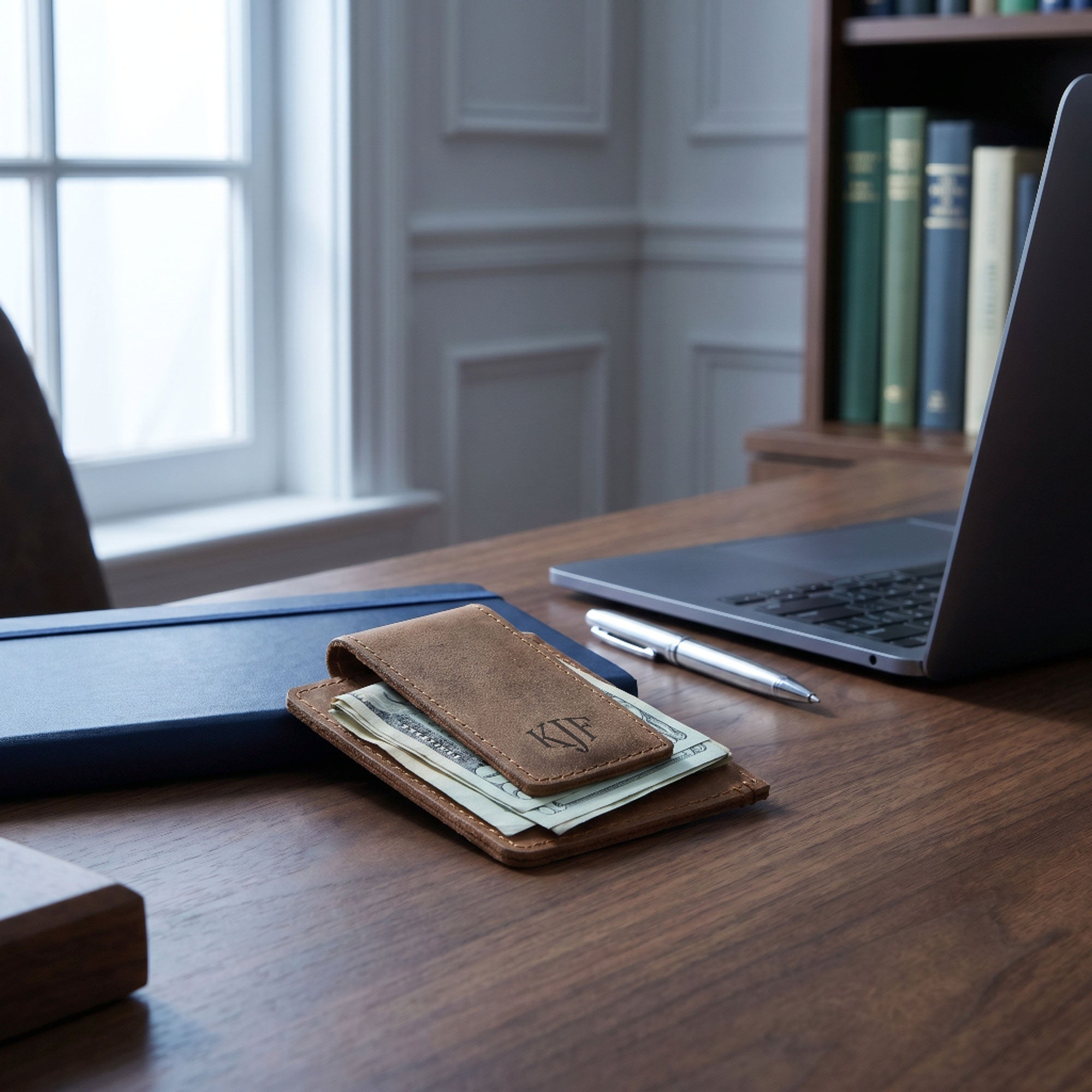 Monogrammed Card Clip Brown Leather Wallet
