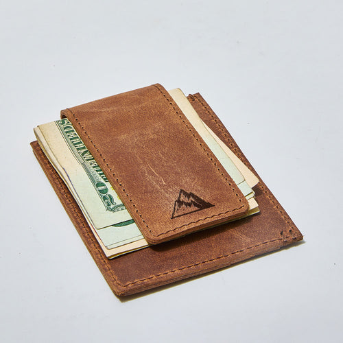 Brown leather wallet with  custom logo engraving and money clipped