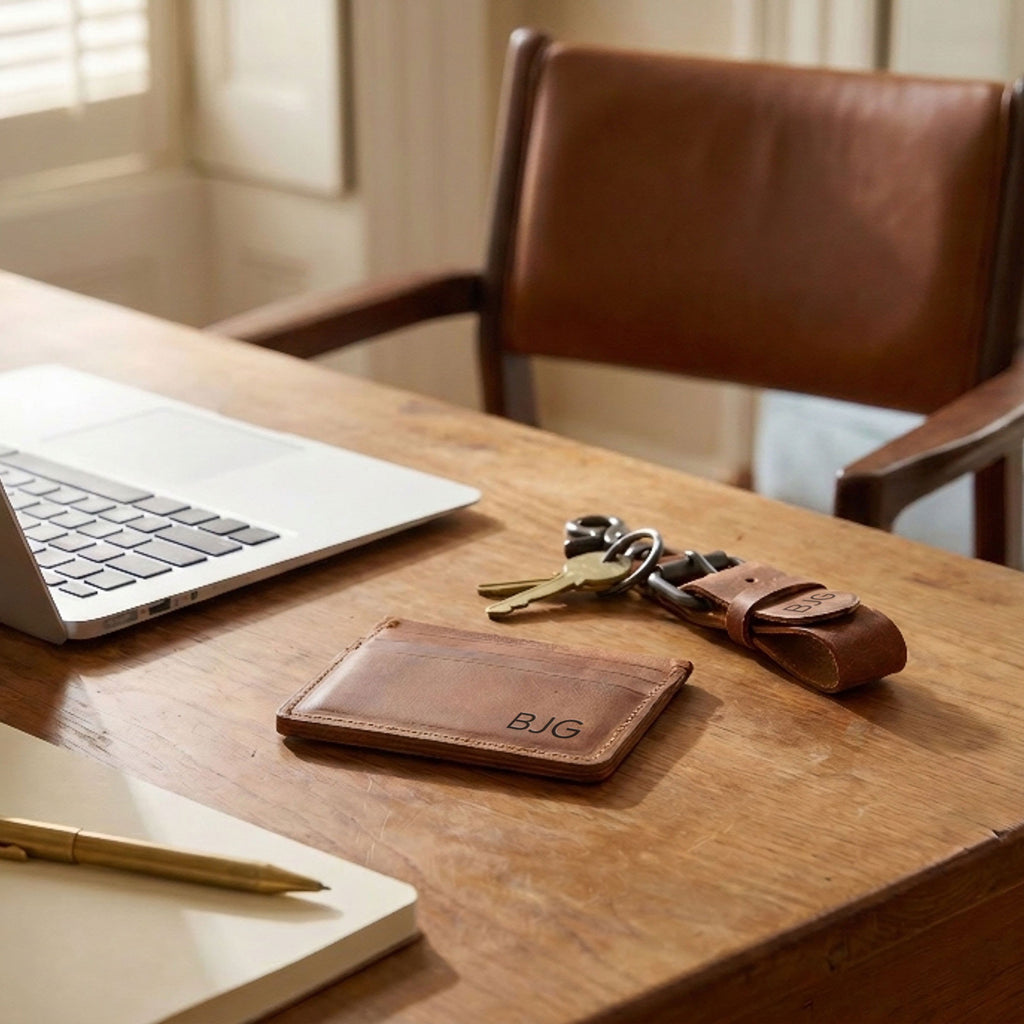 Monogrammed Brown Leather Buckle Key Fob