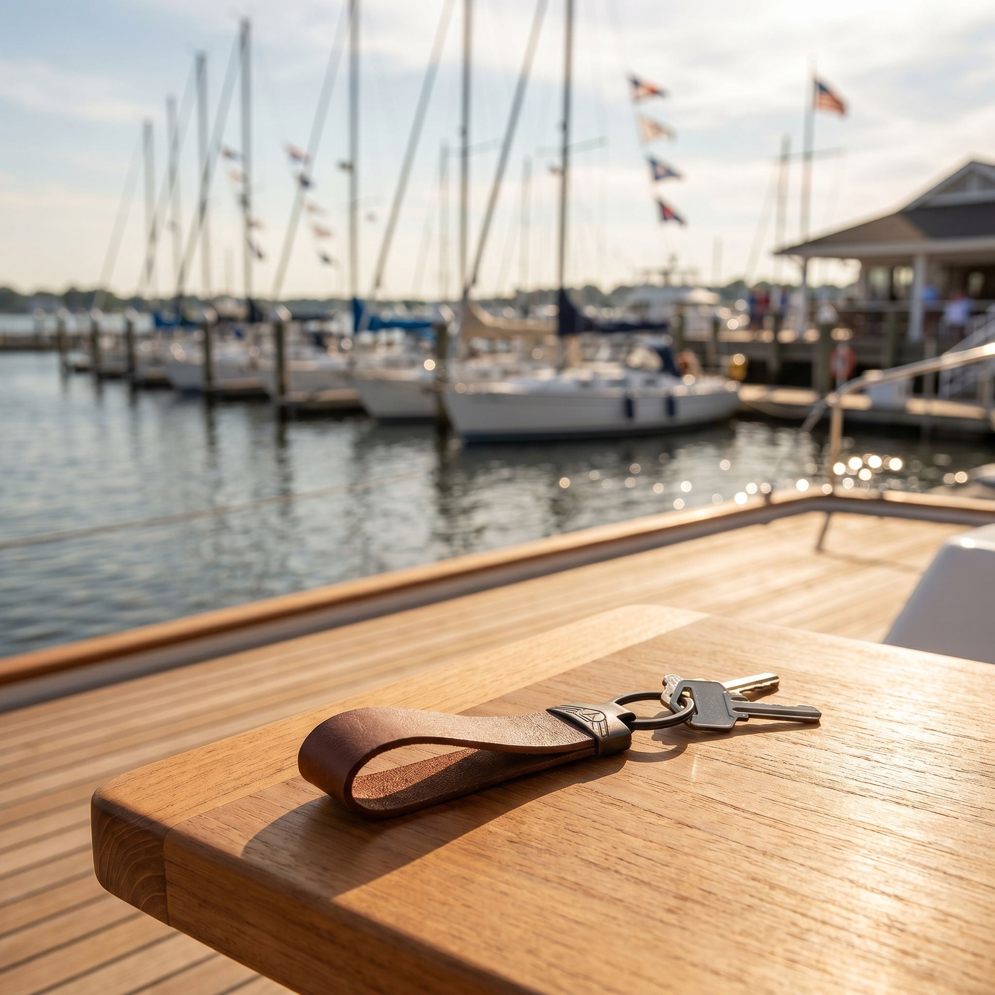 Keychain with keys on a wooden surface at a marina with boats and flags in the background.