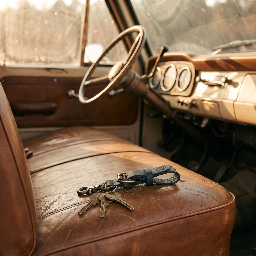Vintage car interior with leather seat, steering wheel, dashboard, and keys on a keychain.