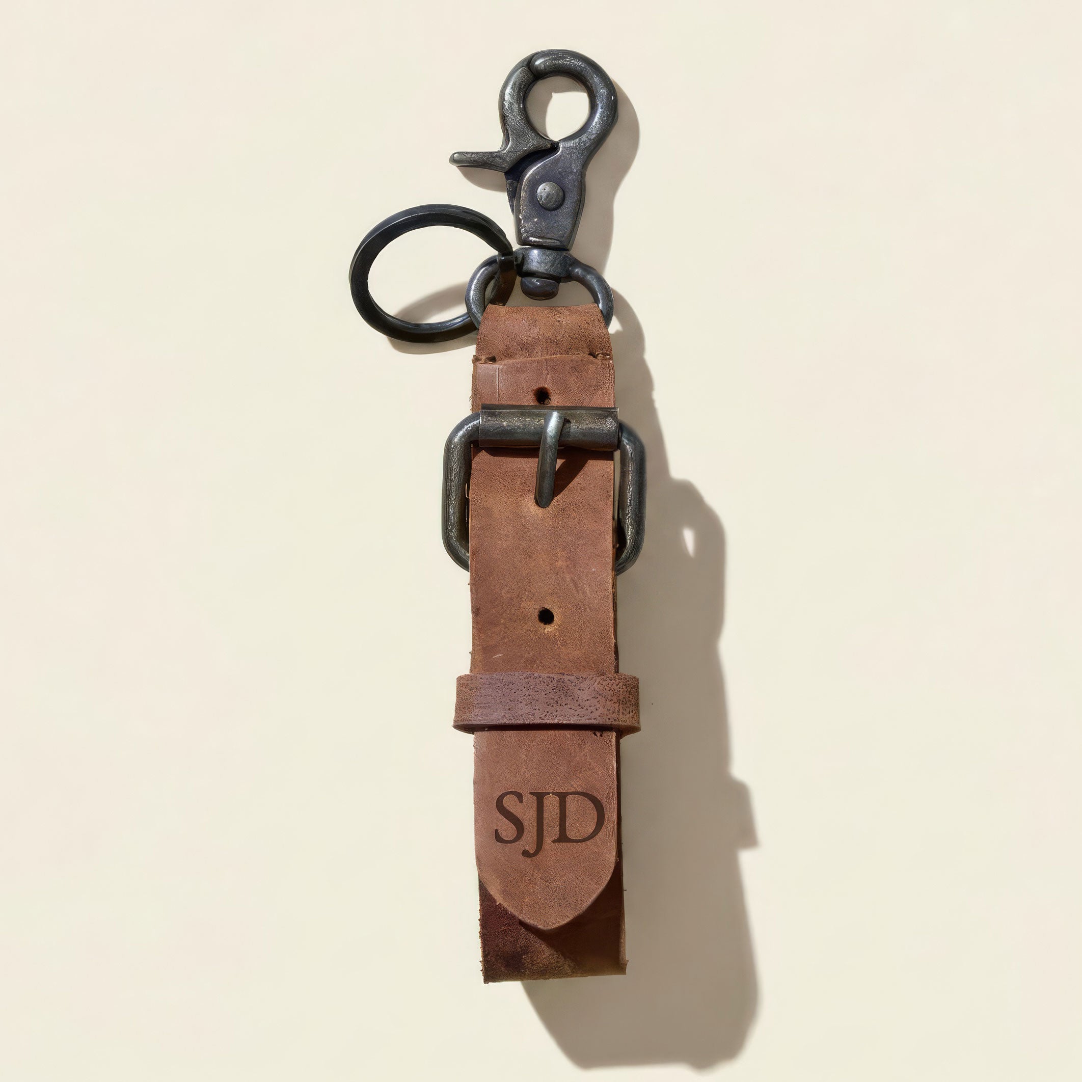Monogrammed Brown Leather Buckle Key Fob