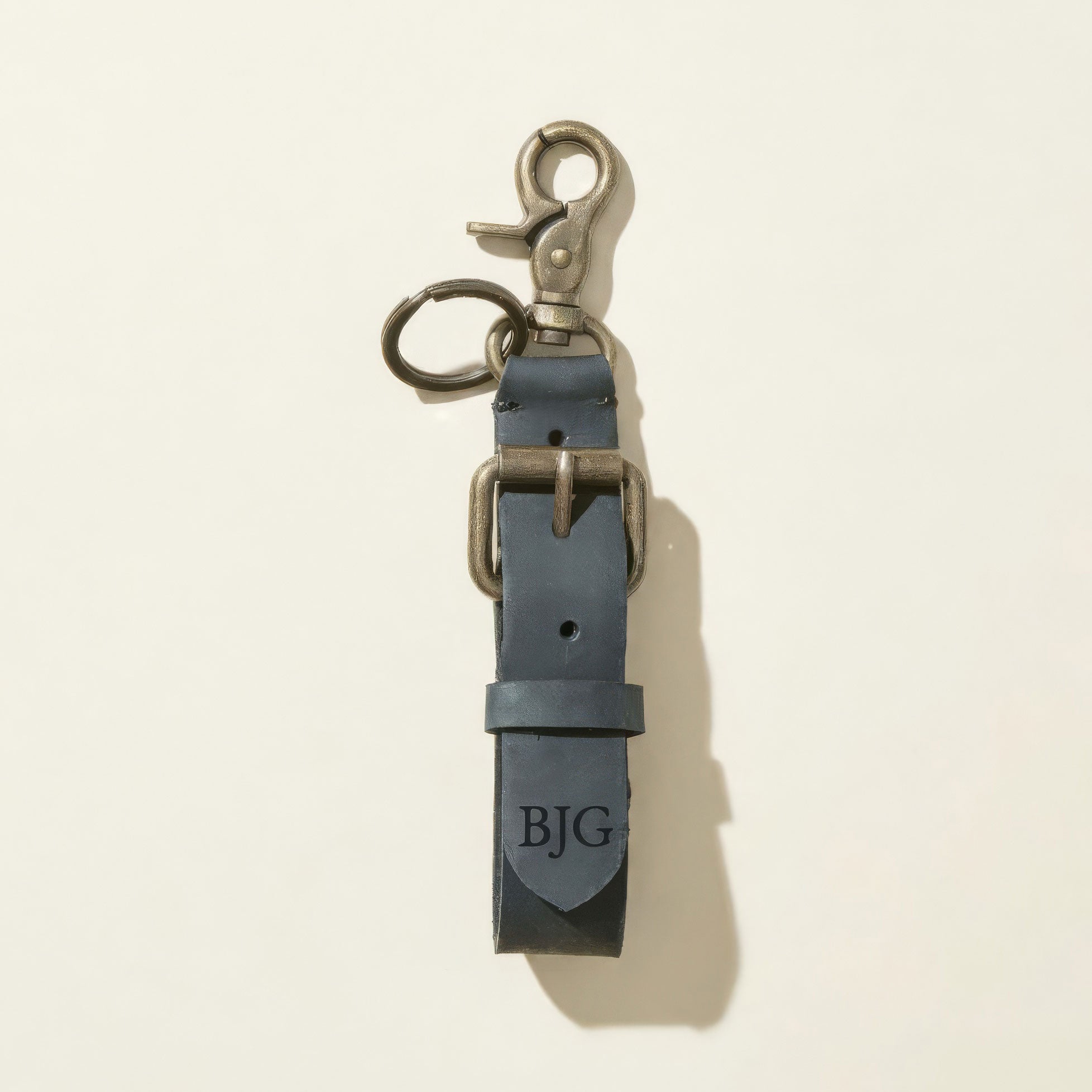 Monogrammed Black Leather Buckle Key Fob