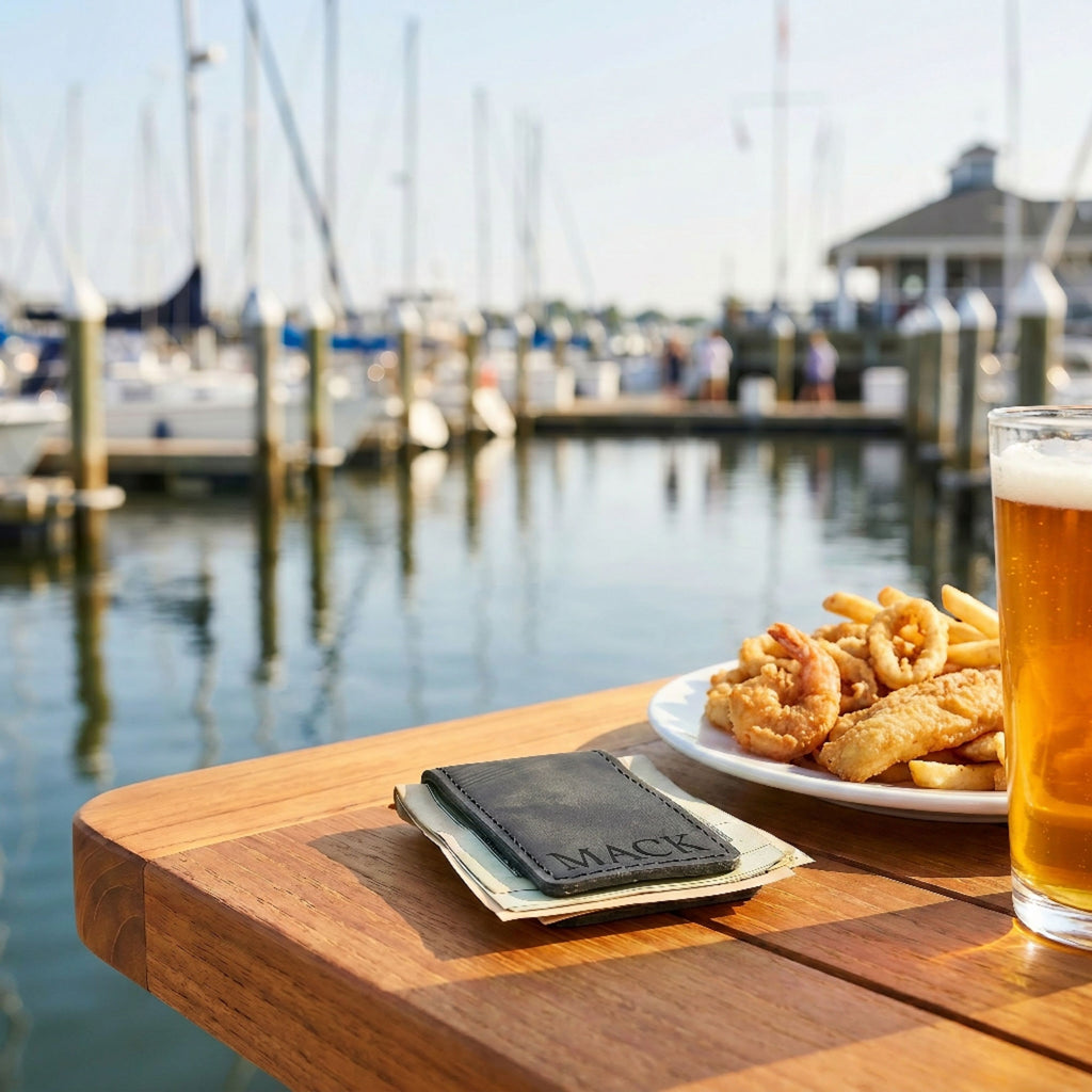 Wooden table by a marina with a money clip beside a plate of food and a glass of beer.