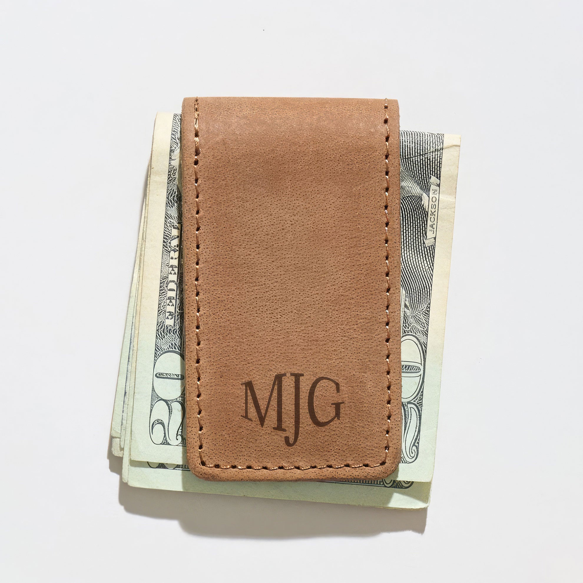 Monogrammed Brown Leather Money Clip