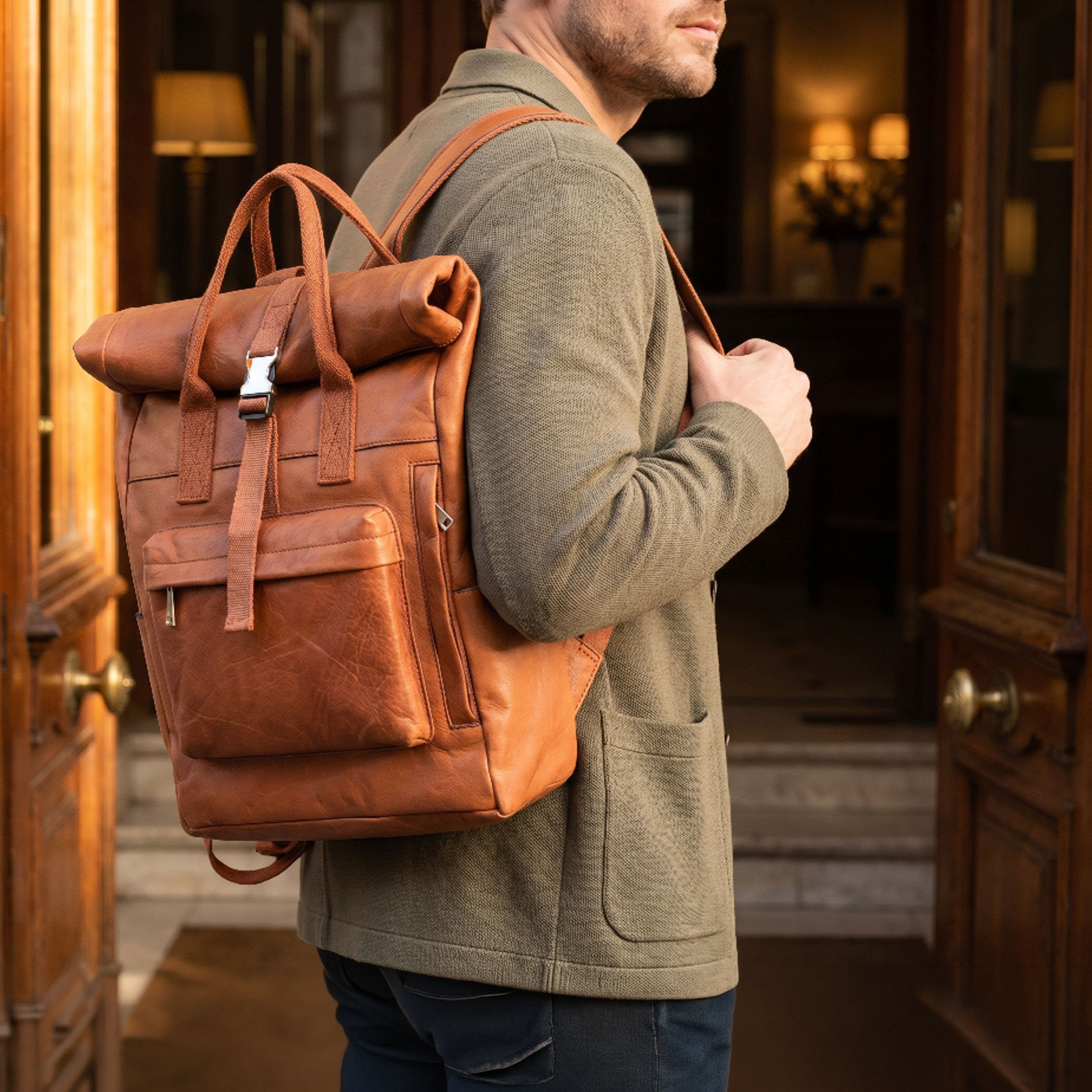 man with leather backpack
