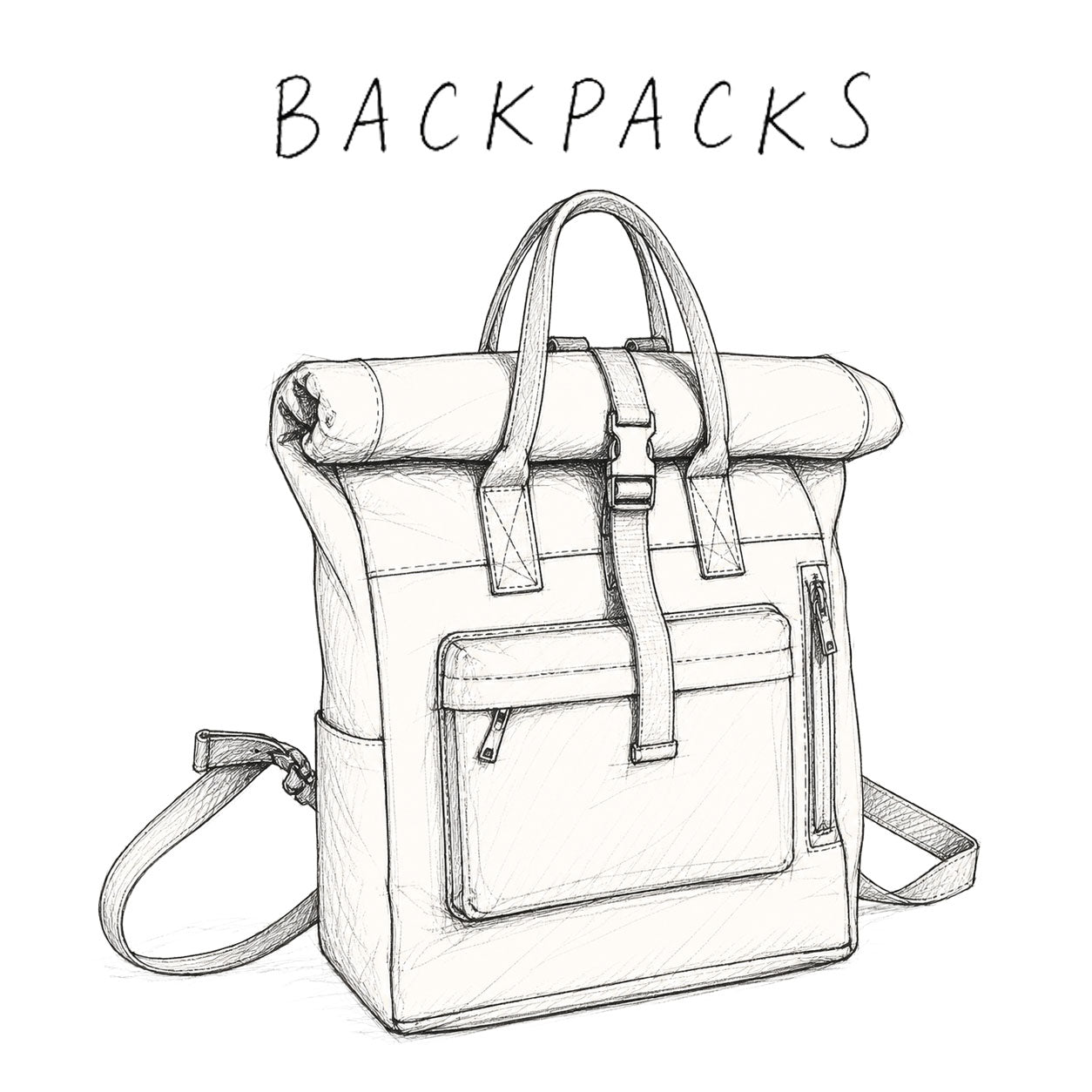 Line drawing of a backpack with 'BACKPACKS' text above it on a white background