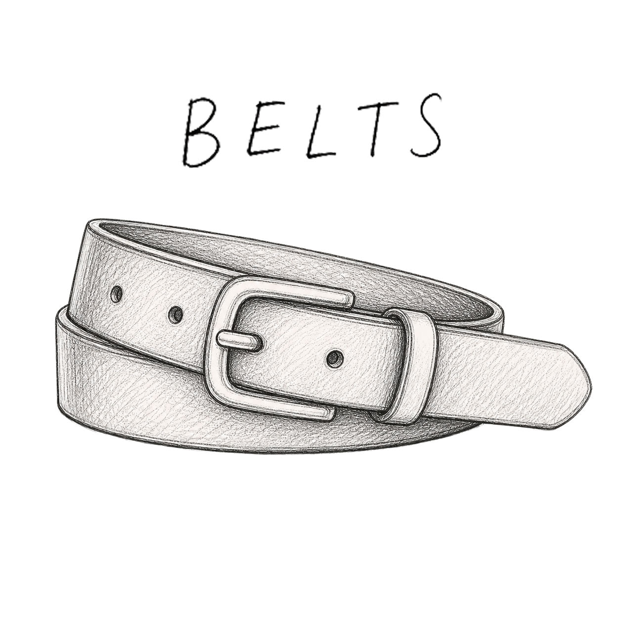 Black and white illustration of a belt with 'BELTS' text above on a white background