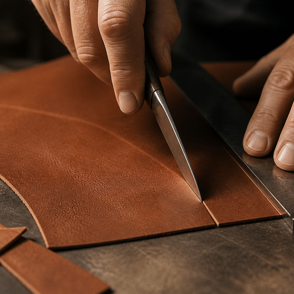 Person cutting brown leather with scissors on a wooden surface