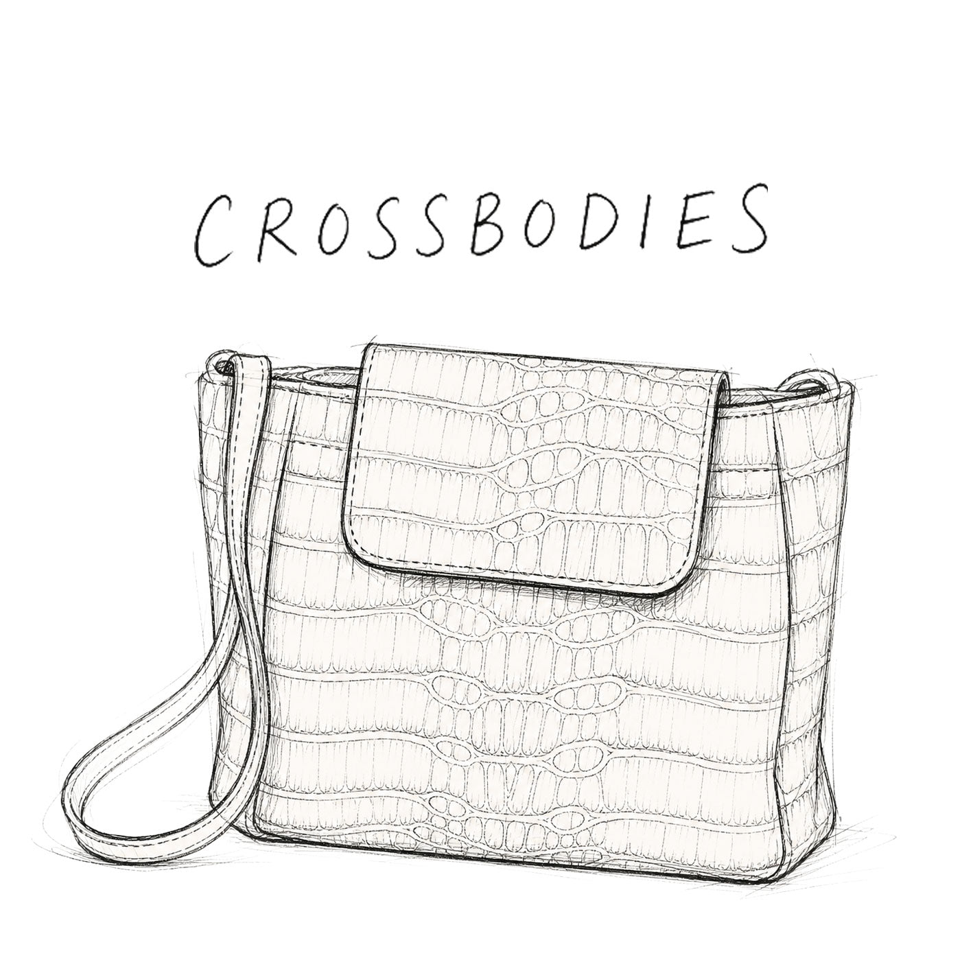 Black and white line drawing of a crossbody bag with 'CROSSBODIES' text above.