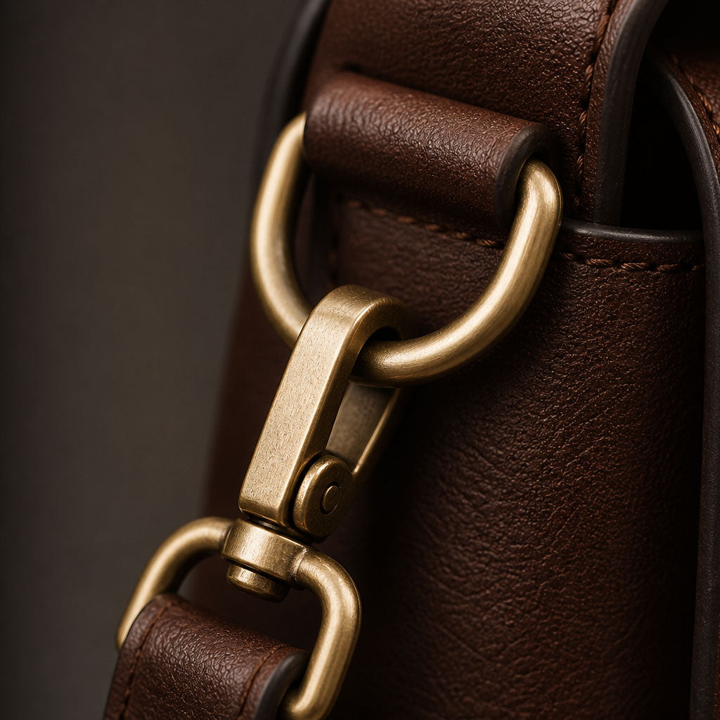 Close-up of a brown leather bag with brass hardware on a dark background