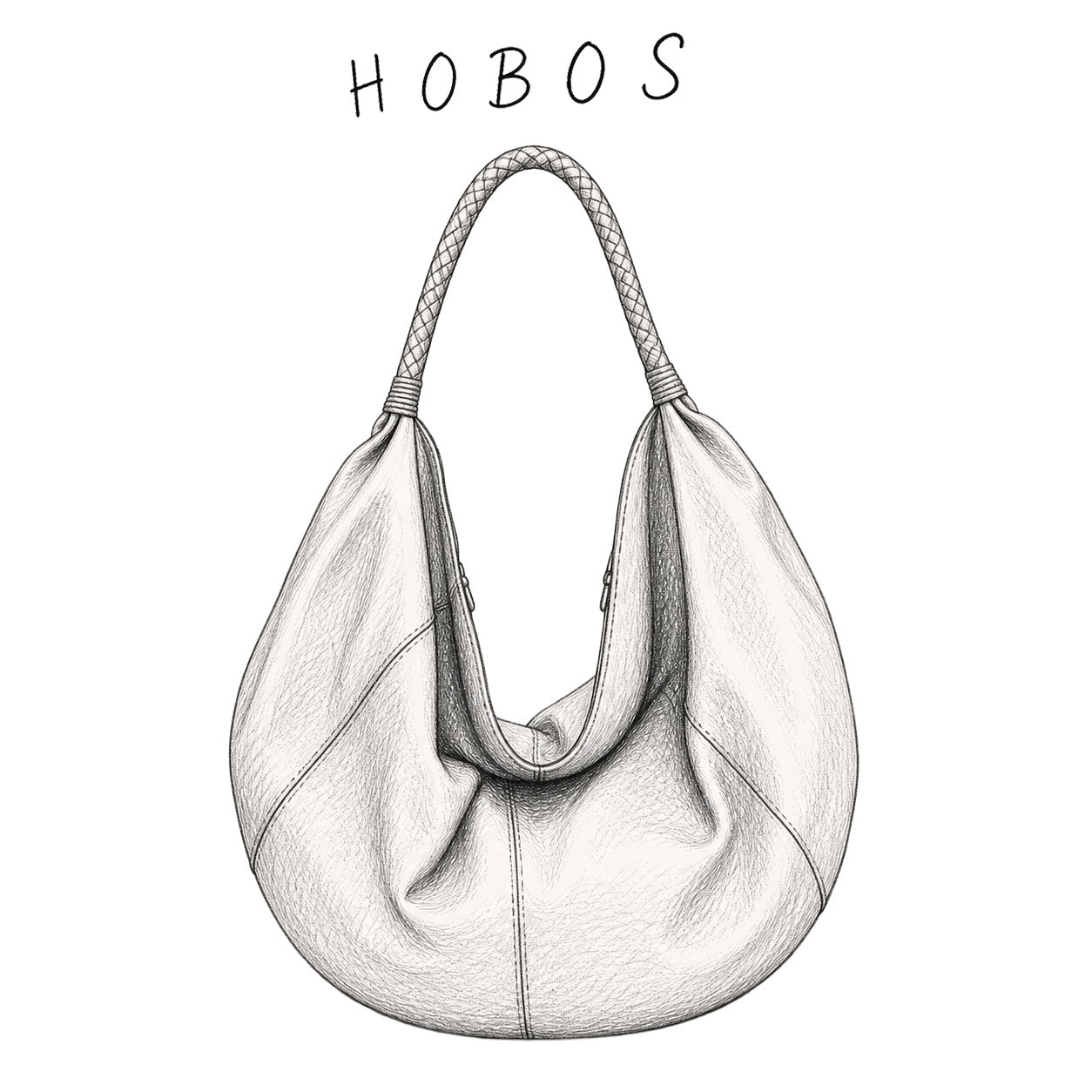 Black and white illustration of a hobo bag with 'HOBOS' text above.