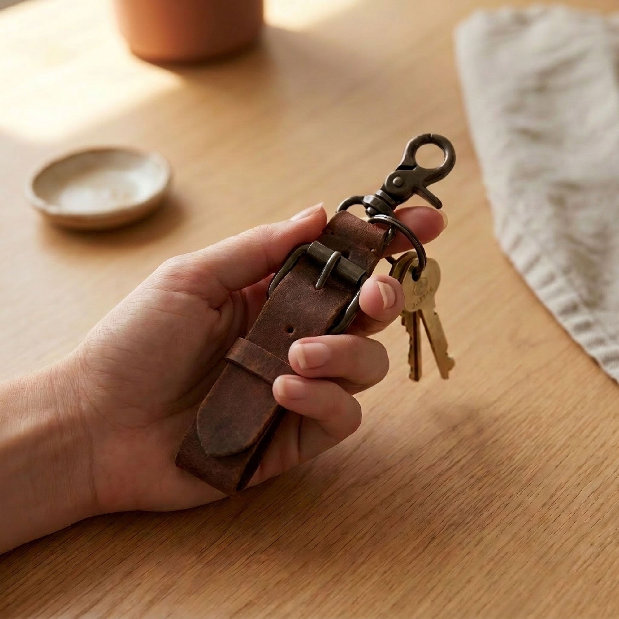 Monogrammed Brown Leather Buckle Key Fob