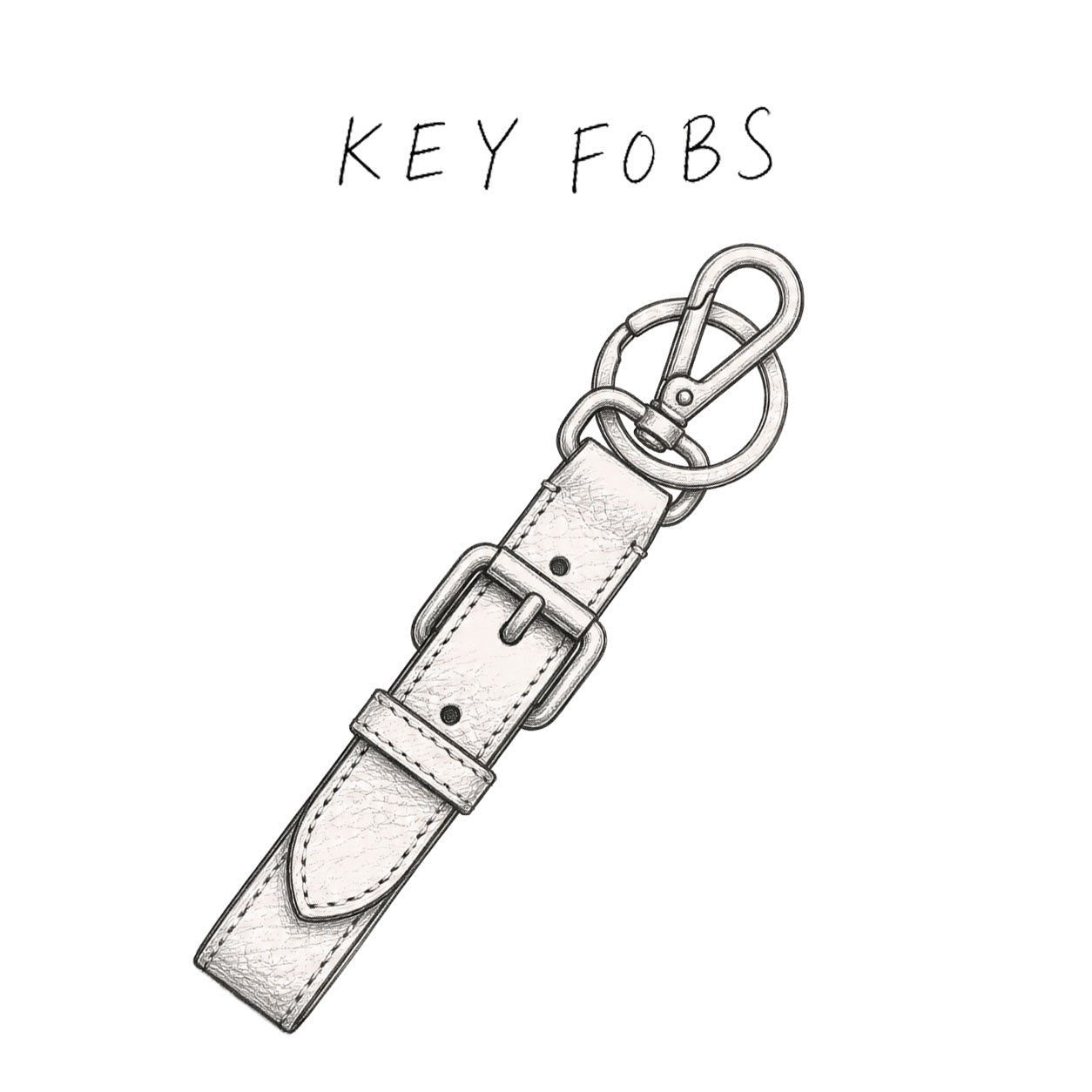 Illustration of a leather key fob with 'KEY FOB' text above it on a white background.