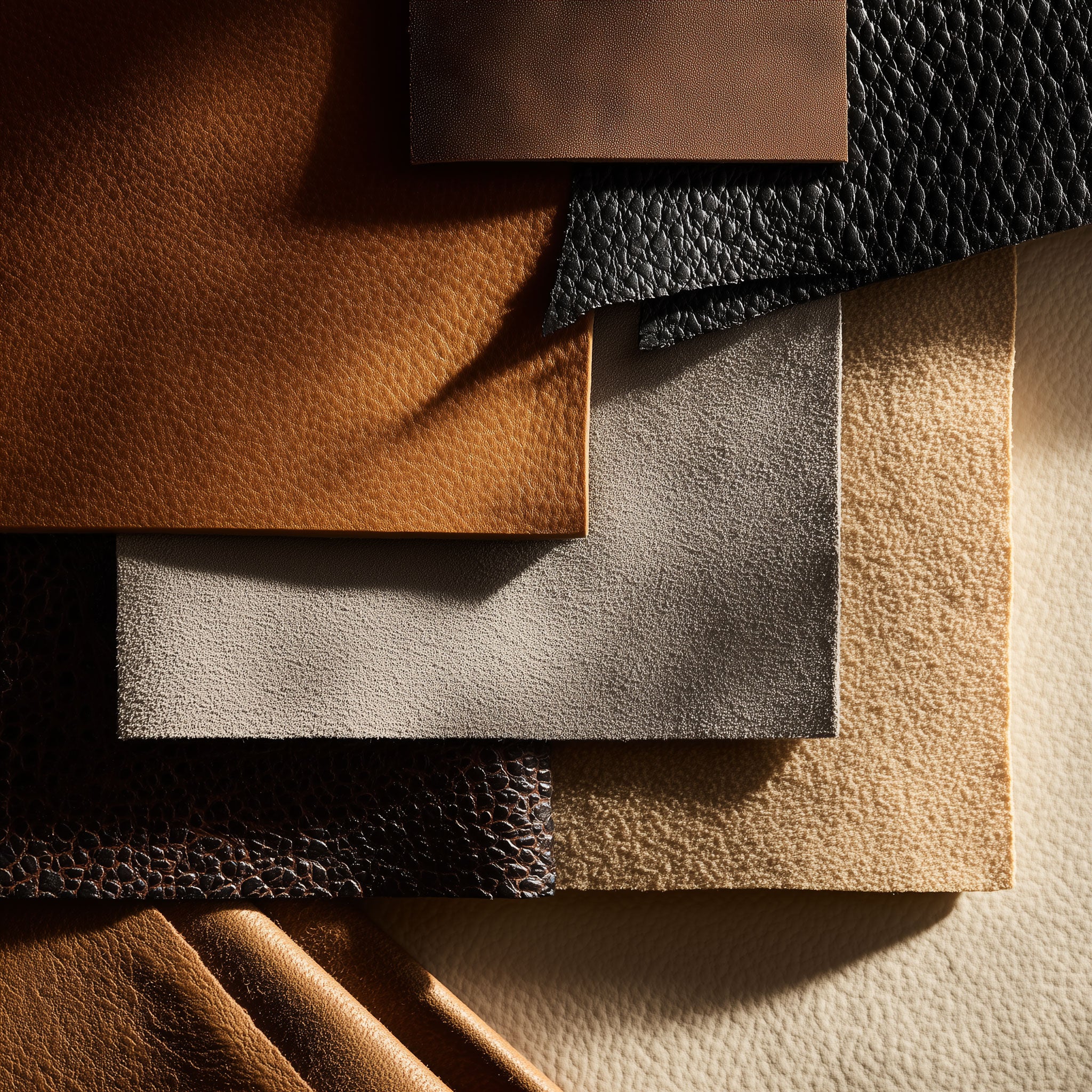 Collection of leather samples in various colors and textures.