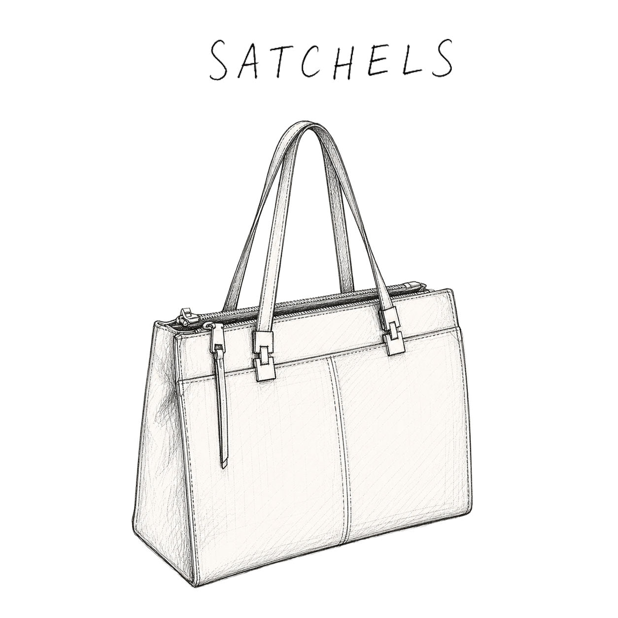 Black and white line drawing of a satchel bag with 'Satchels' text above.