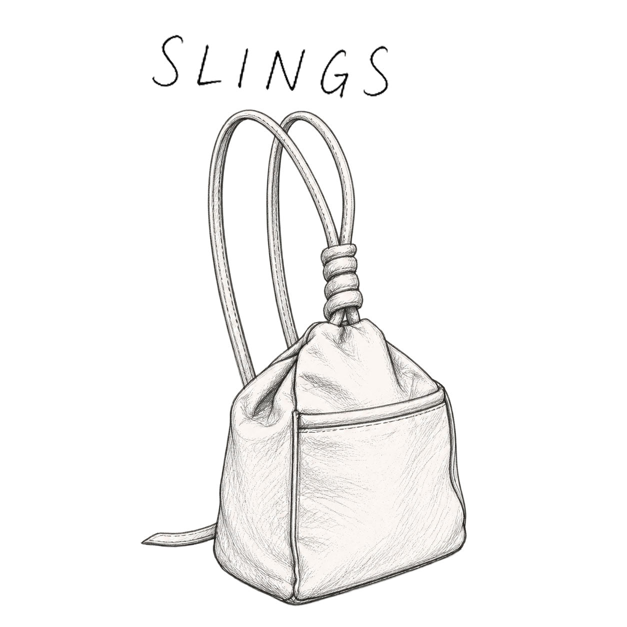 Black and white line drawing of a small handbag with 'SLINGS' text above on a white background