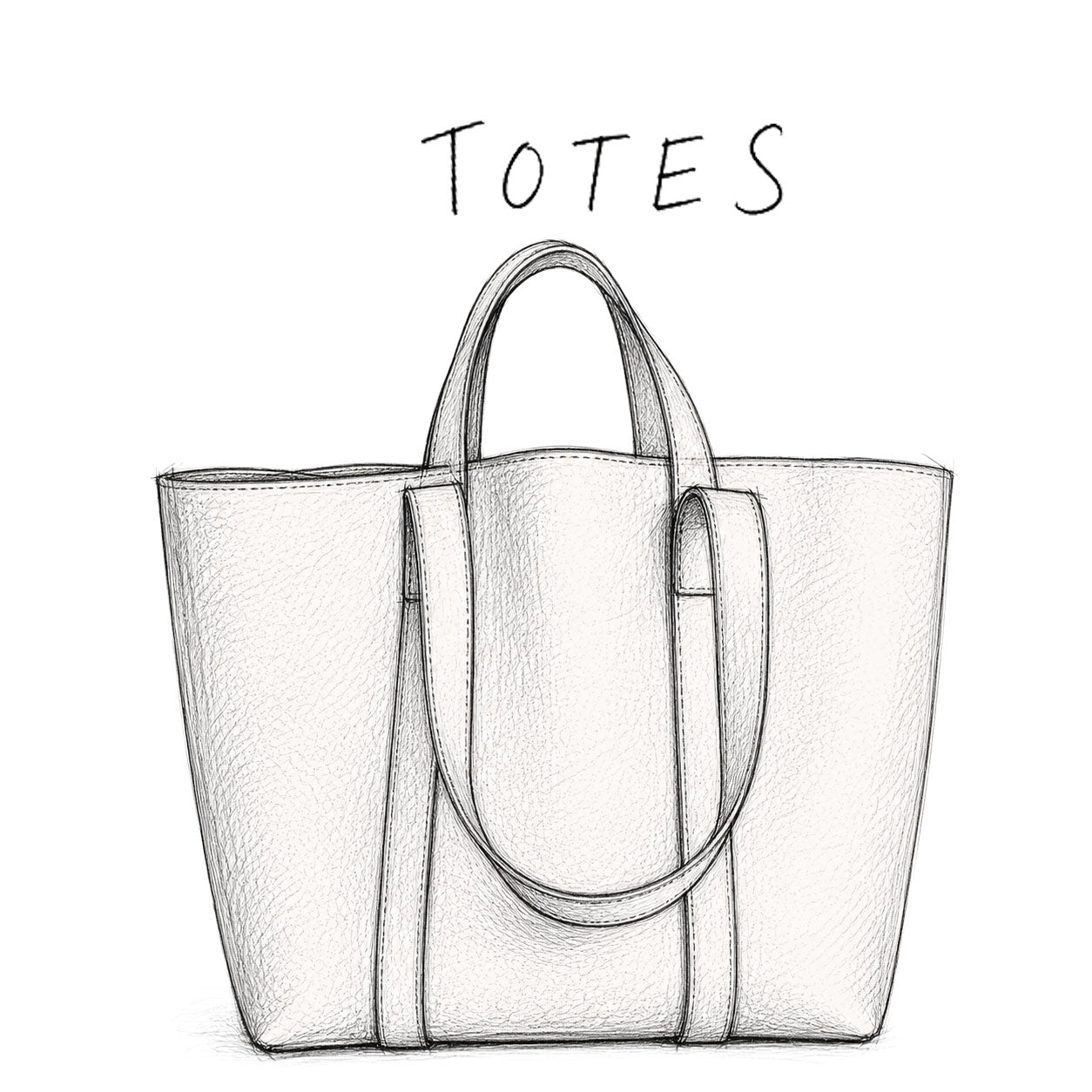 Black and white line drawing of a tote bag with 'TOTES' text above it on a white background.