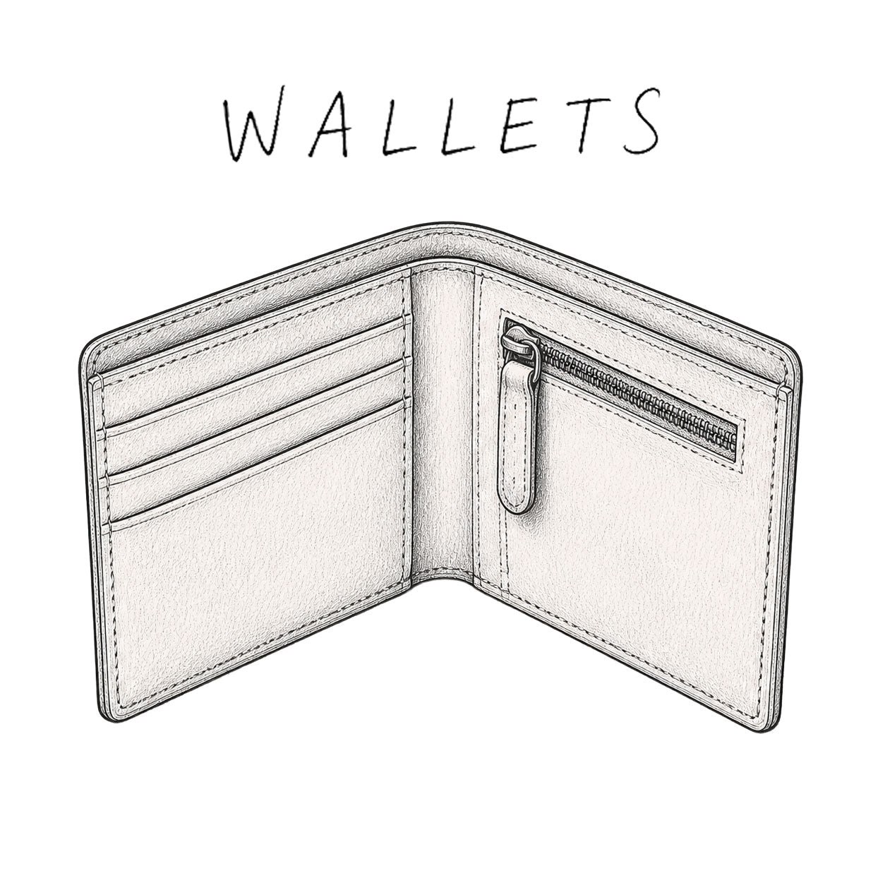 Illustration of an open wallet with a zipper on a white background, labeled 'WALLETS'.