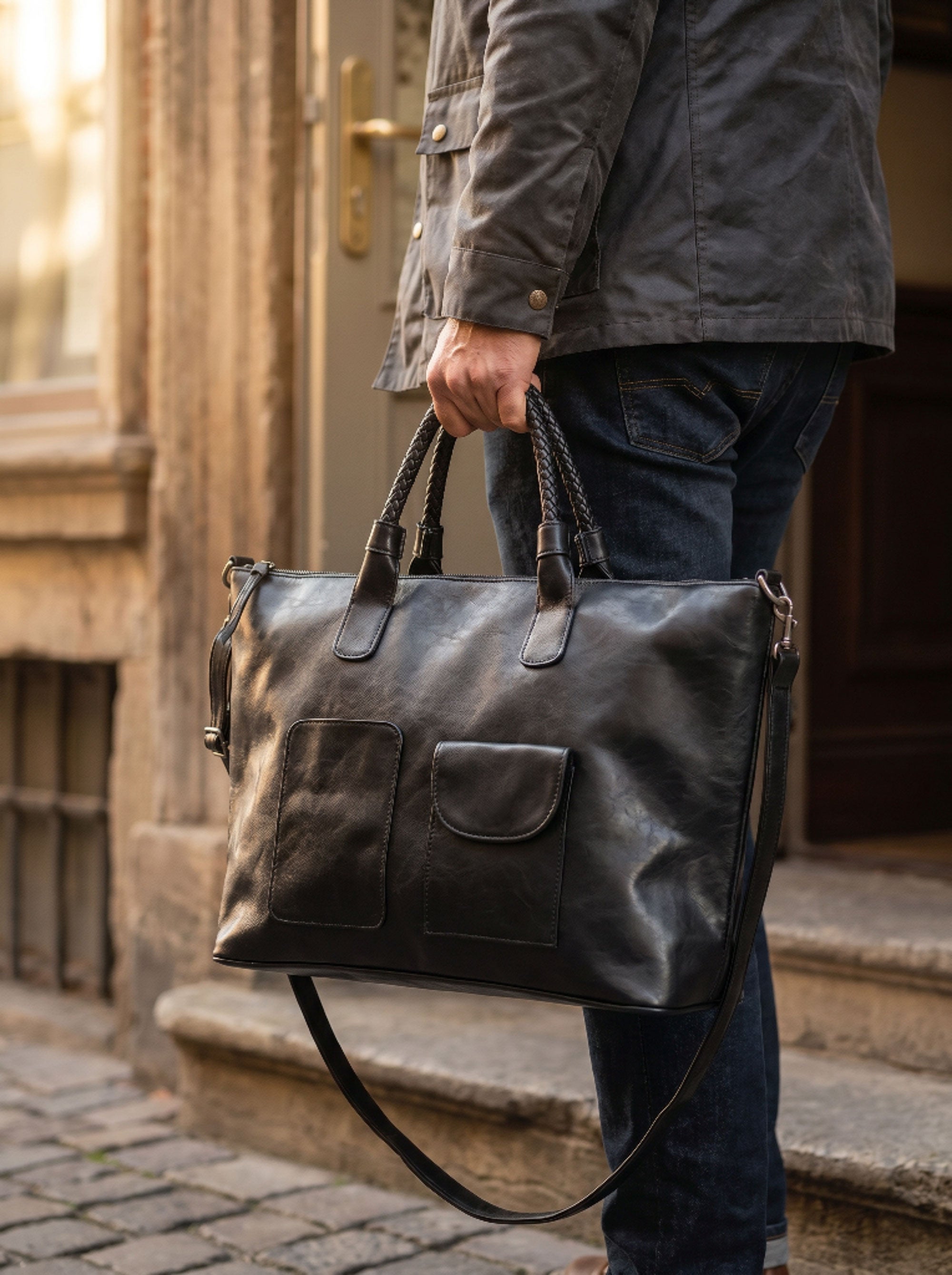 man holding a weekender bag on street