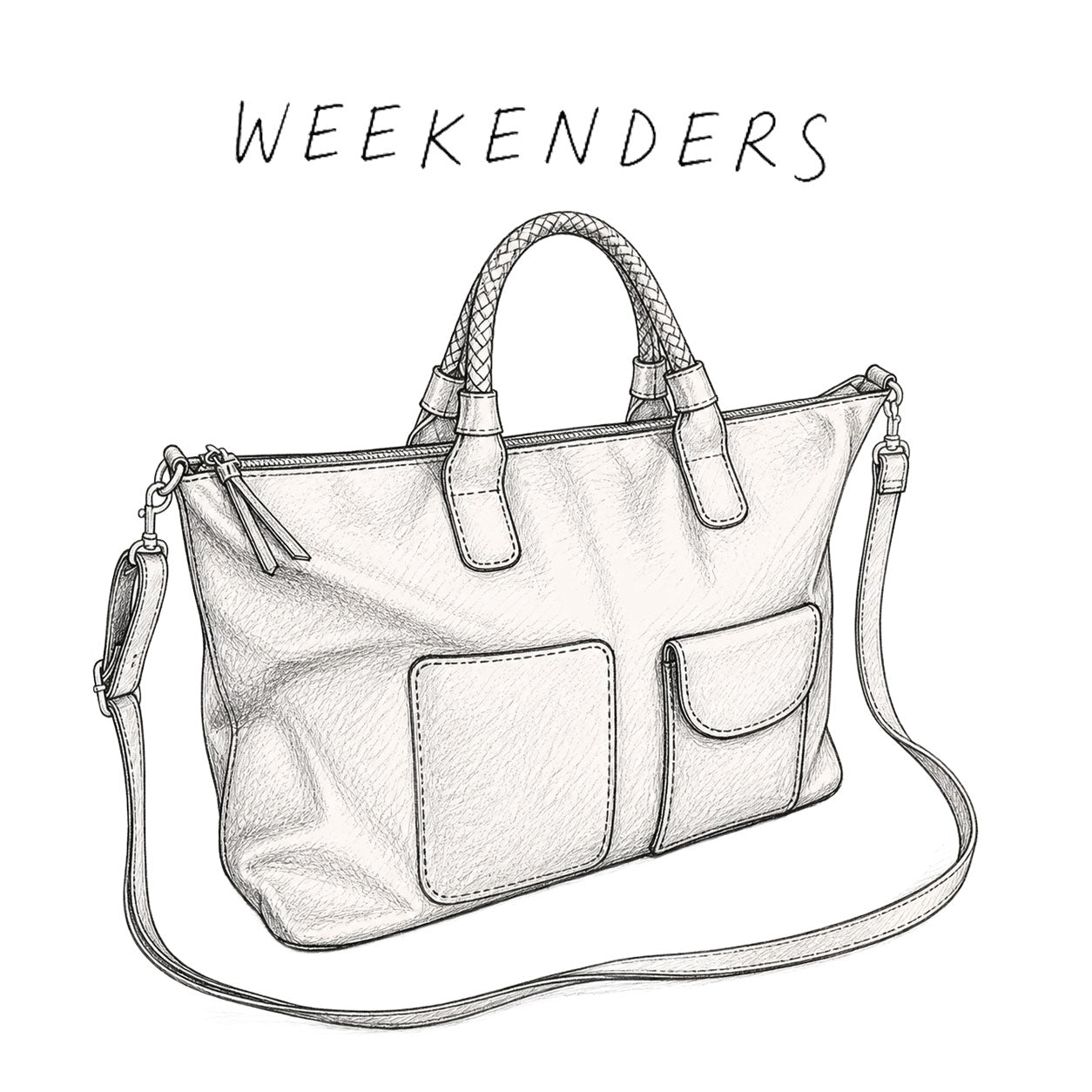 Black and white illustration of a duffle bag with 'Weekenders' text above it.