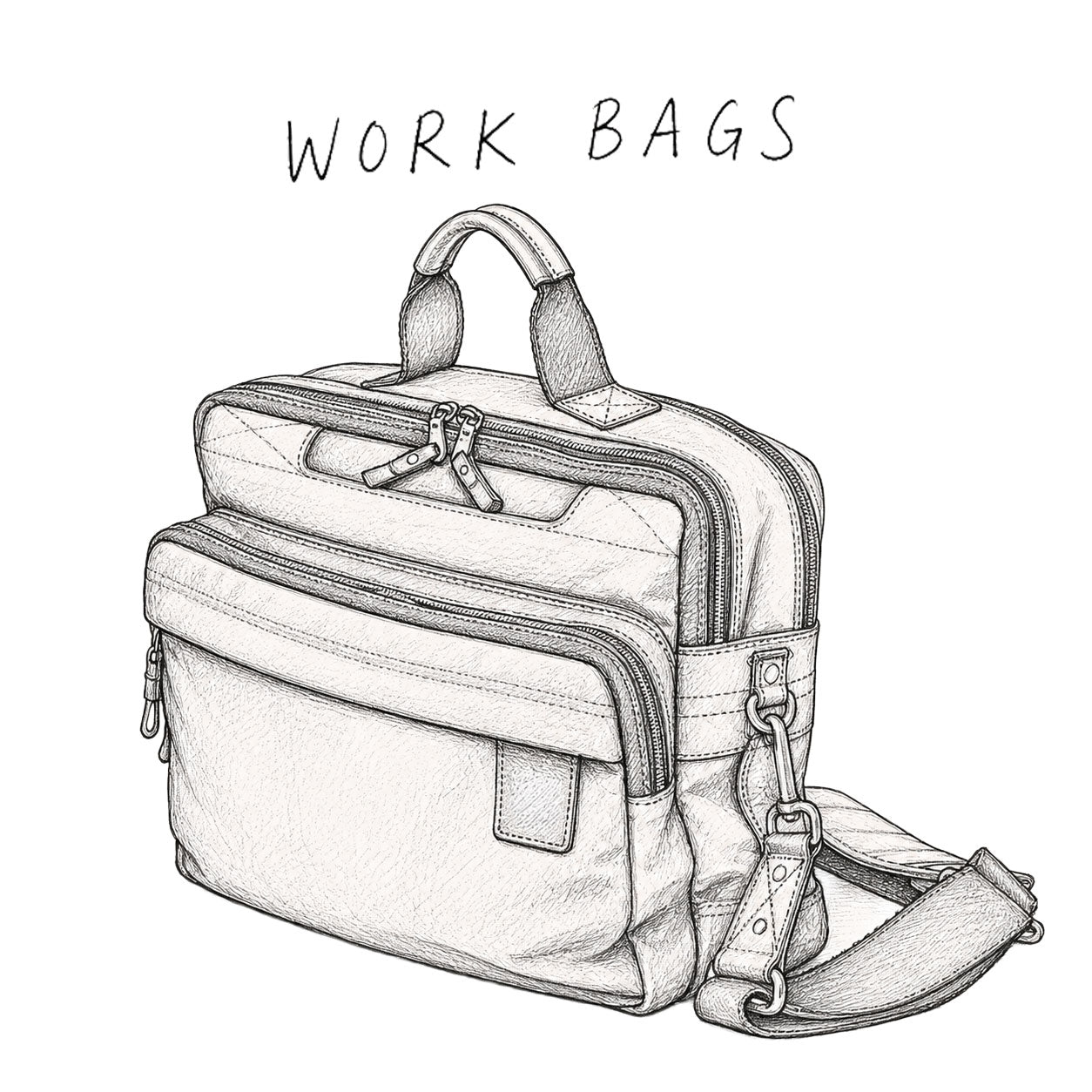 Black and white illustration of a work bag with 'WORK BAGS' text above.
